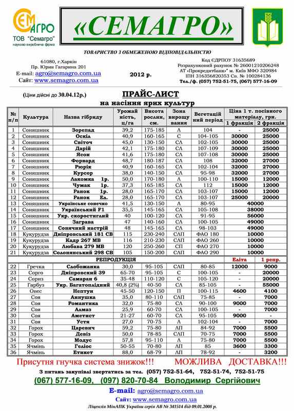 Прайс на семена семагро Прайс на семена семагро